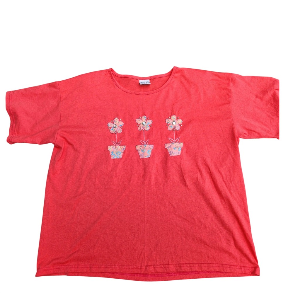 Vintage 90s Flower Applique Shirt One Size Coral Cottagecore‎ Rhinestone Top USA